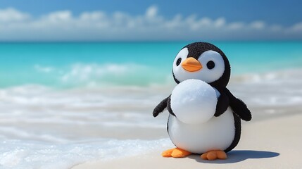 Obraz premium Plush penguin hugging snowball with beach background
