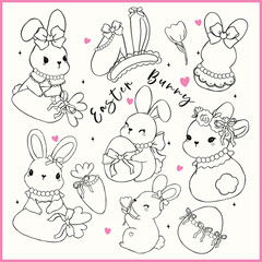 Coquette Easter Bunny with Bow and Egg, Whimsical Cartoon Hand Drawn Doodle Outline Set