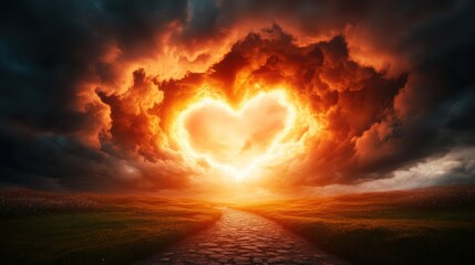 Fototapeta premium An enchanting scene where heart-shaped clouds emerge in a fiery sunset, creating a romantic and dreamy atmosphere that captures the essence of love and passion.