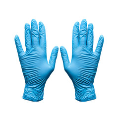 a pair of blue latex gloves, placed side by side, isolated on a white background