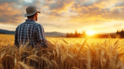 A serene image capturing a farmer standing in a golden wheat field, looking towards a tranquil sunset, symbolizing hard work, peace, and connection to nature.