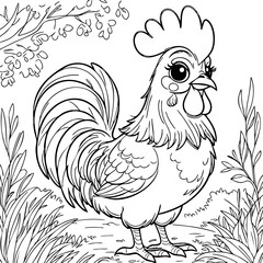 Majestic Rooster Line Art – Hand-Drawn Farm Animal Illustration