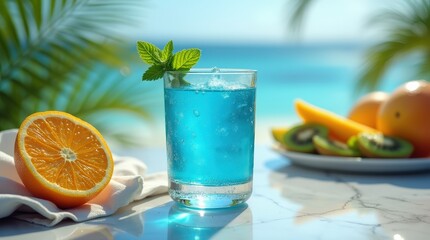 Obraz premium Refreshing Blue Curacao cocktail under tropical sun near ocean waves