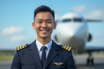 Head and shoulders portrait of a Papua New Guinean smiling young male airplane captain pilot in uniform.