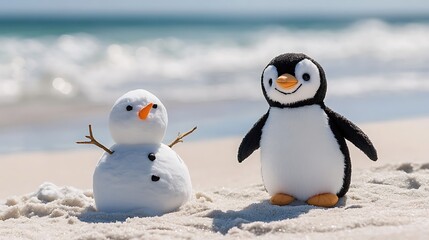 Fototapeta premium Plush penguin next to sand snowman on beach