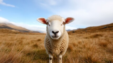 A curious sheep stands in a tranquil grassy field under a bright blue sky, embodying the serenity of rural life and the beauty of nature in a clear landscape.