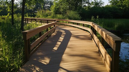 A wooden boardwalk surface with sunlight casting soft shadows, evoking a serene outdoor vibe.