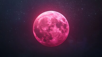A vibrant pink moon illuminates the night sky, surrounded by twinkling stars, creating a mystical and surreal atmosphere.