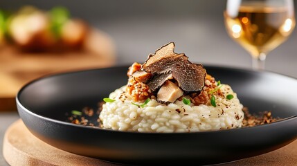 A beautifully plated risotto topped with truffles and garnishes showcases exquisite culinary artistry, perfect for fine dining enthusiasts and gourmet food lovers.