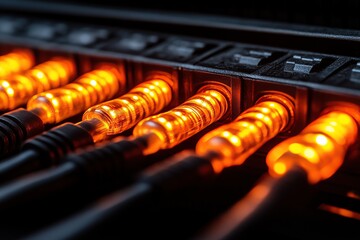 Network Cables Connected to Switch with Glowing Orange Lights