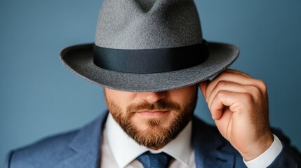 A stylish portrait of a man in a suit wearing a fedora hat, showcasing confidence and elegance, capturing the essence of modern sophistication and timeless fashion.