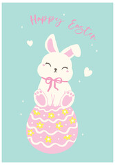 Coquette Happy Easter Bunny on Egg Whimsical Rabbit Cartoon Flat design