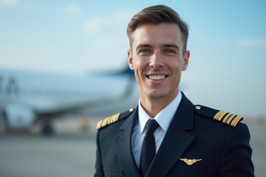 Head and shoulders portrait of a Romanian smiling young male airplane captain pilot in uniform.