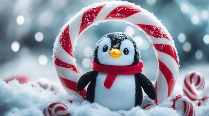 Plush penguin sitting inside candy cane arch soft snowfall around