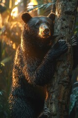 Majestic Black Bear Embraces Forest Tree at Dawn