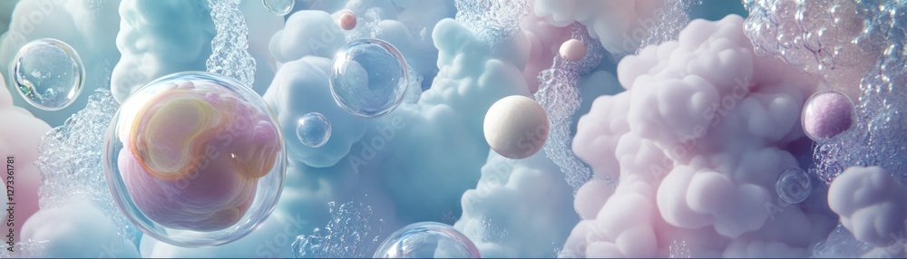 Poster dreamy abstract composition featuring pastel clouds and floating spheres
