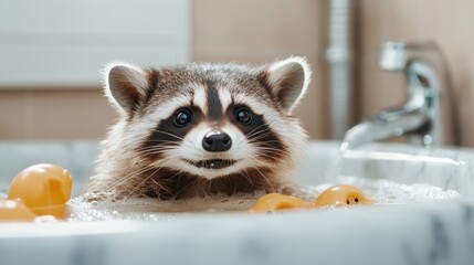 A delightful raccoon displays a playful grin while nestled in a bath filled with bubbles, instantly capturing the charm and whimsy of animal delight in everyday life.