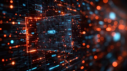 Obraz premium Data stream flows through digital space, glowing particles background, tech concept