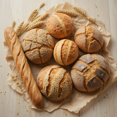 "Rustic Assortment of Various Bread Loaves on Parchment Paper"
