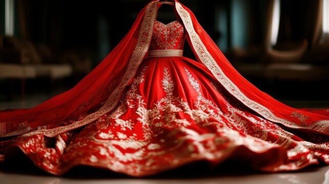 An exquisite red dress flows elegantly with golden embellishments, capturing the eye with its stunning details and representation of traditional beauty in modern fashion design.