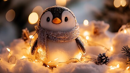 Plush penguin wrapped in fairy lights soft holiday decor and warm snow