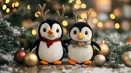 Fototapeta premium Plush penguin with reindeer antlers and Christmas decor by water