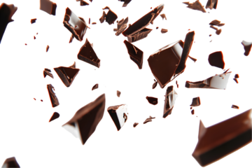 Shattered pieces of milk chocolate against a transparent background. The image is captured in motion, showcasing sharp fragments in various sizes and orientations