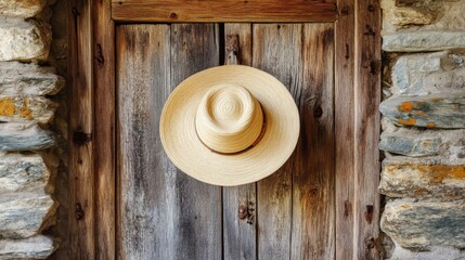 Straw Hat Hanging on Rustic Wooden Door
