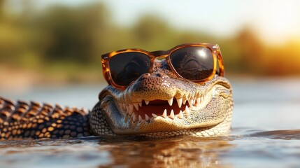 A humorous scene featuring a crocodile sporting stylish sunglasses while floating in water, capturing a playful and unique take on nature and wildlife photography.
