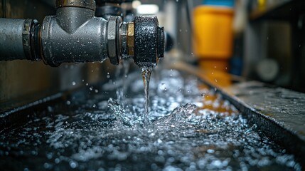 Industrial water dripping into trough, splashing, metal pipes in background