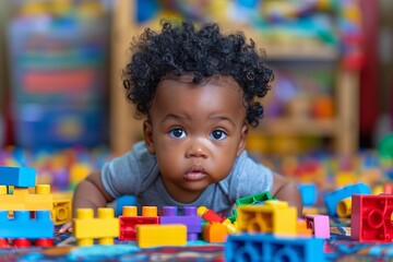 Title: Capturing the Delight and Wonder of a Young African American Toddler Playing with Colorful Wooden Block Toys