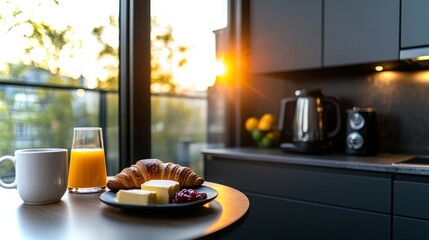 Fototapeta premium Bright morning in a Parisian apartment with breakfast and tall windows overlooking the city