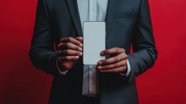 Businessman Presenting Blank Smartphone Screen on Red Background