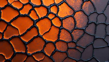 Macro photography science. Textured surface with orange and brown patterns resembling cracked earth.