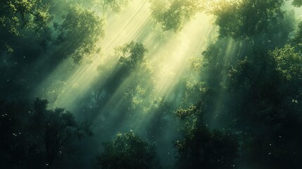 Obraz premium An aerial image of a forest canopy, where the sunlight gently streams through the branches, casting a dappled light on the forest floor below
