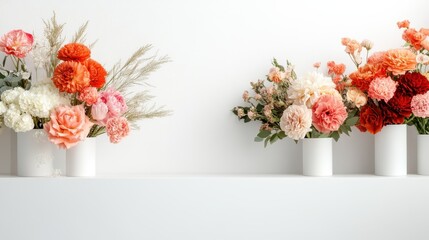 Obraz premium A stunning display of beautifully arranged pastel flowers, including roses and carnations, set against a minimalist backdrop that emphasizes their delicate elegance and charm.