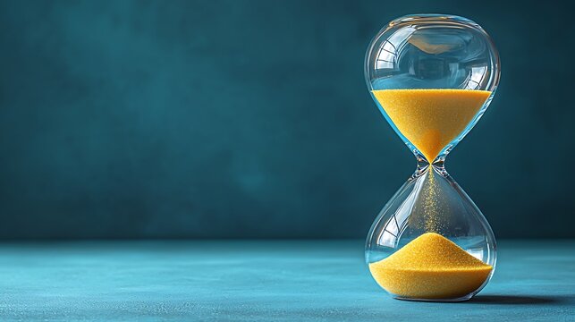 Hourglass with sand running, against a dark wall, symbolizes time management or deadlines