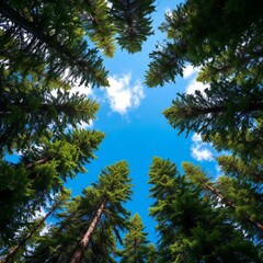 Fototapeta premium Blue sky with clouds against the background of a pine forest. View from below