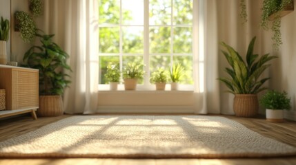 Fototapeta premium Sunny room interior with plants and a rug