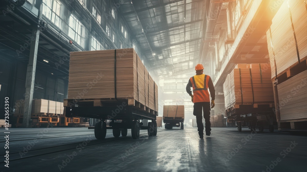 Poster worker walks in a large warehouse with stacked materials
