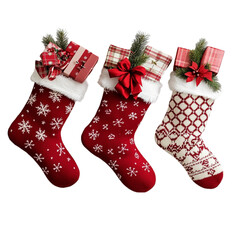 Three Christmas stockings filled with gifts festive decorations red white and green