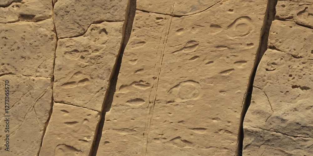 Poster Weathered Rock Texture. Beige Stone Surface with Cracks. Natural Erosion Patterns. Ancient Markings Suggesting Time's Passage. Rugged Indents Create Visual Interest. A Perfect Backdrop.