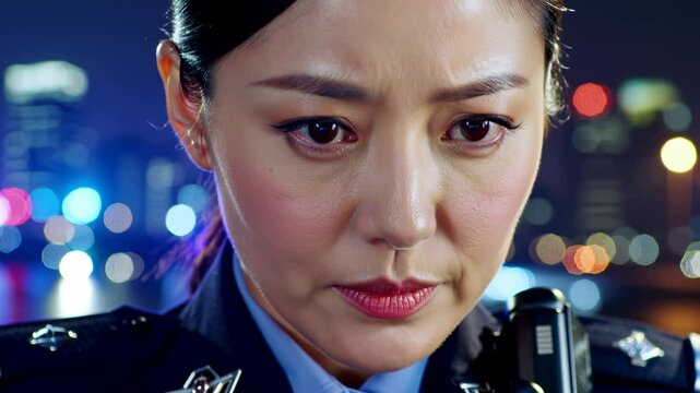Asian police woman with serious face expression outdoor - Officer or cop working outside - Security, law and emergency concept - Model by AI generative