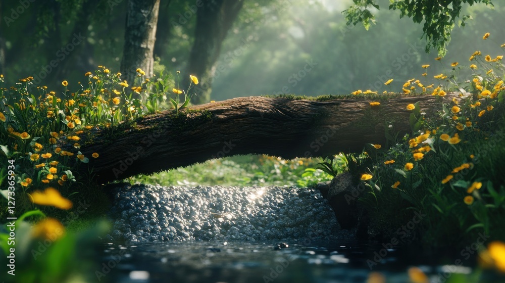 Poster mossy log crosses a sparkling stream in a lush forest
