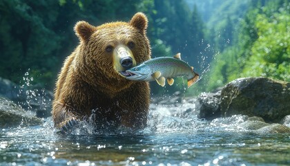 Obraz premium Grizzly Bear Catching Salmon in River Water