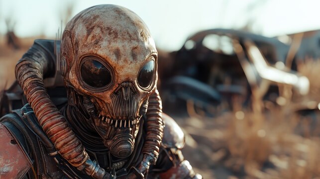 This haunting image features a skeleton-like figure wearing a weathered space suit in a desolate landscape, showcasing a captivating blend of post-apocalyptic beauty and intrigue.