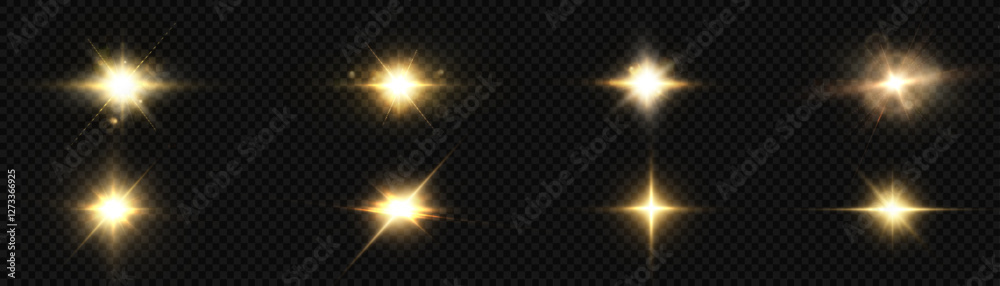 Poster set of light effects golden glowing light. solar flare with rays and glare. glow effect. star burst 