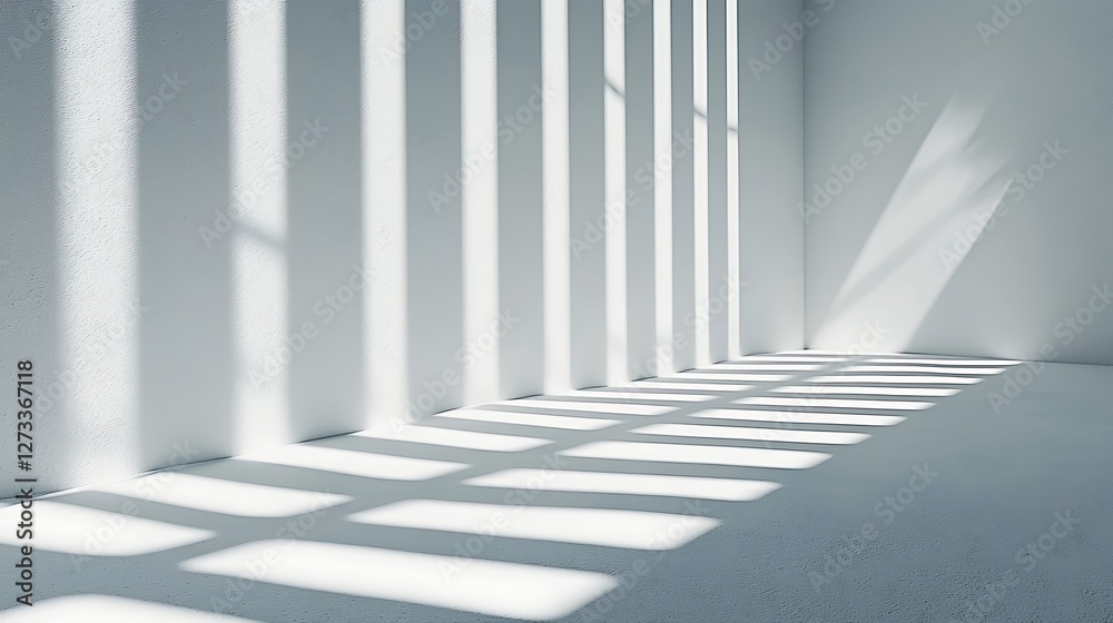 Poster Interior with sunlight streaming through blinds, creating shadows. Abstract architecture with light patterns