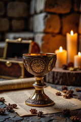 Intricate ancient goblet in candlelit castle, mystic atmosphere