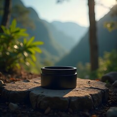 Enchanting Landscape: Product on Black Base with Cinematic Shadows in Tropical Forest Setting